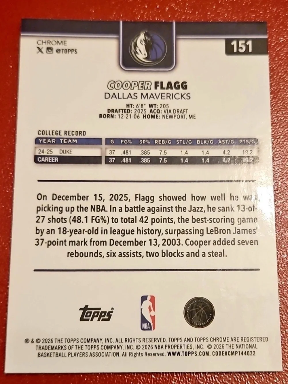 Cooper Flagg Topps Chrome 2026 Update Series Ray-Wave Silver Holo Refractor Mavs